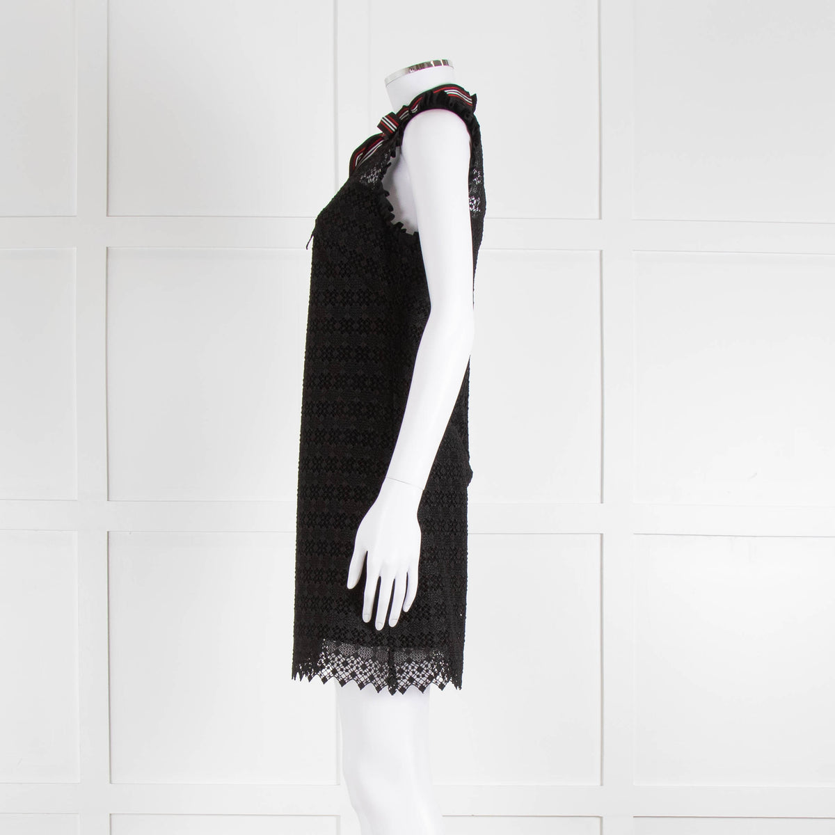 Sandro Black Lace High Neck Shift Dress with Red Tie Neck