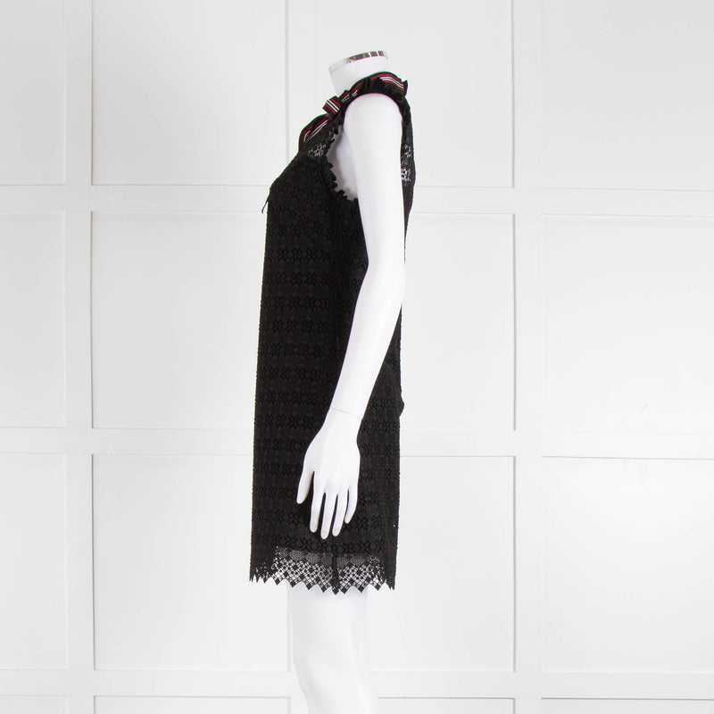 Sandro Black Lace High Neck Shift Dress with Red Tie Neck