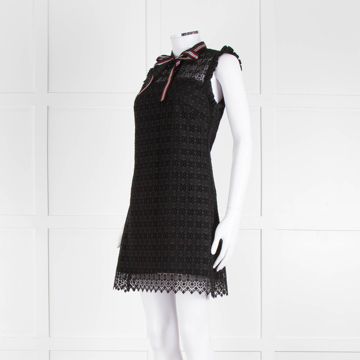 Sandro Black Lace High Neck Shift Dress with Red Tie Neck