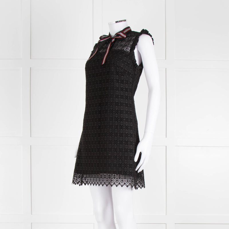Sandro Black Lace High Neck Shift Dress with Red Tie Neck