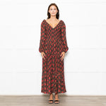 Rixo Black Coral Rose Khaki Leaf Print Sleeved Maxi Dress