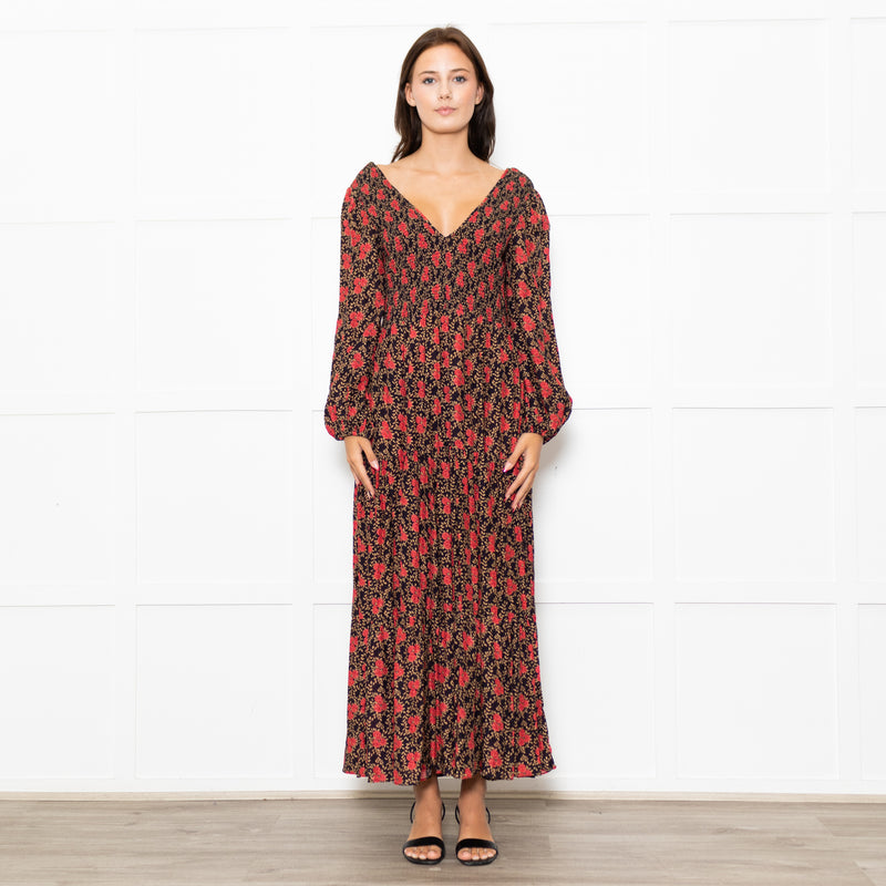 Rixo Black Coral Rose Khaki Leaf Print Sleeved Maxi Dress