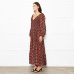 Rixo Black Coral Rose Khaki Leaf Print Sleeved Maxi Dress