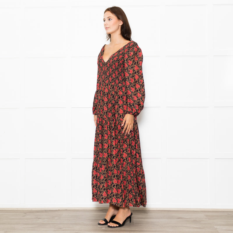 Rixo Black Coral Rose Khaki Leaf Print Sleeved Maxi Dress