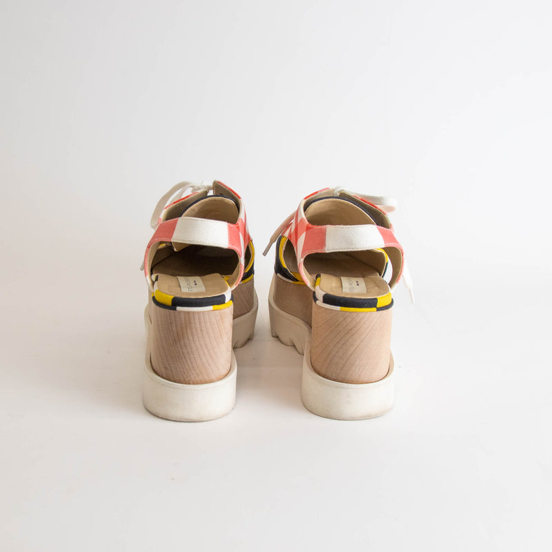 Stella McCartney Black White Yellow Red Fabric Leather Wedges