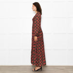 Rixo Black Coral Rose Khaki Leaf Print Sleeved Maxi Dress