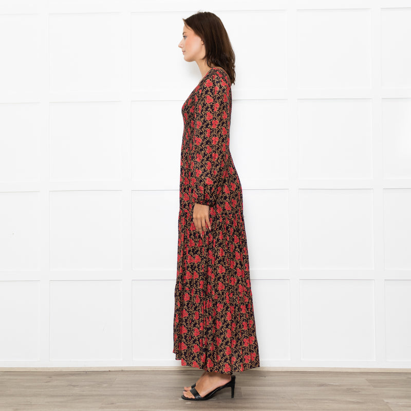 Rixo Black Coral Rose Khaki Leaf Print Sleeved Maxi Dress