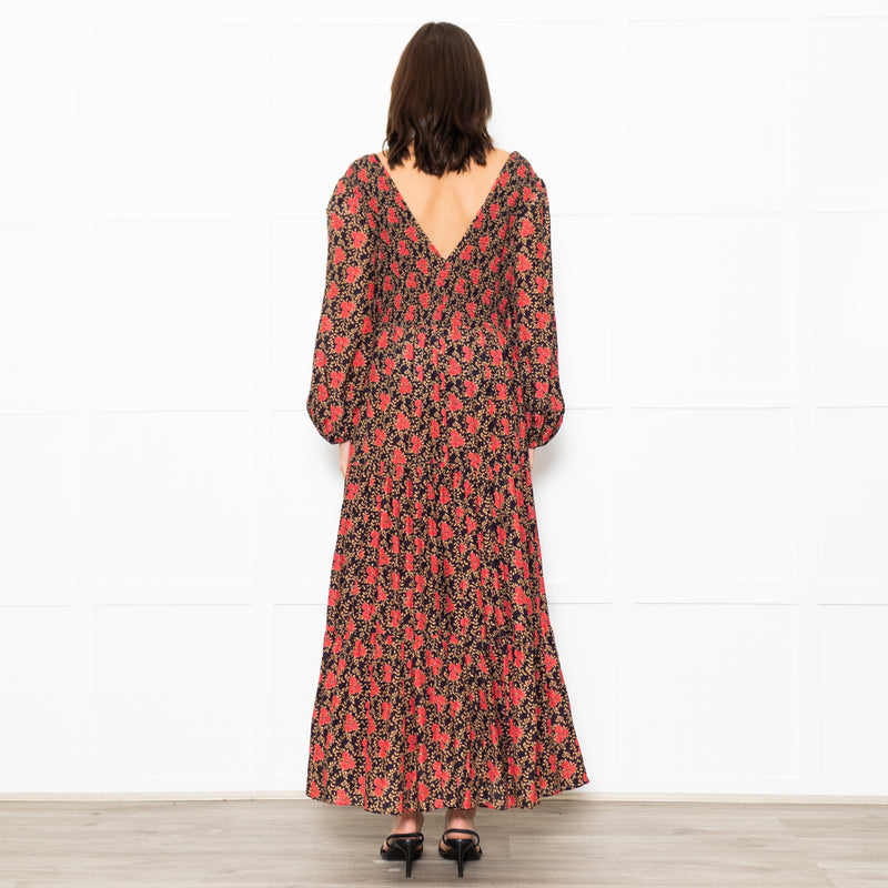 Rixo Black Coral Rose Khaki Leaf Print Sleeved Maxi Dress