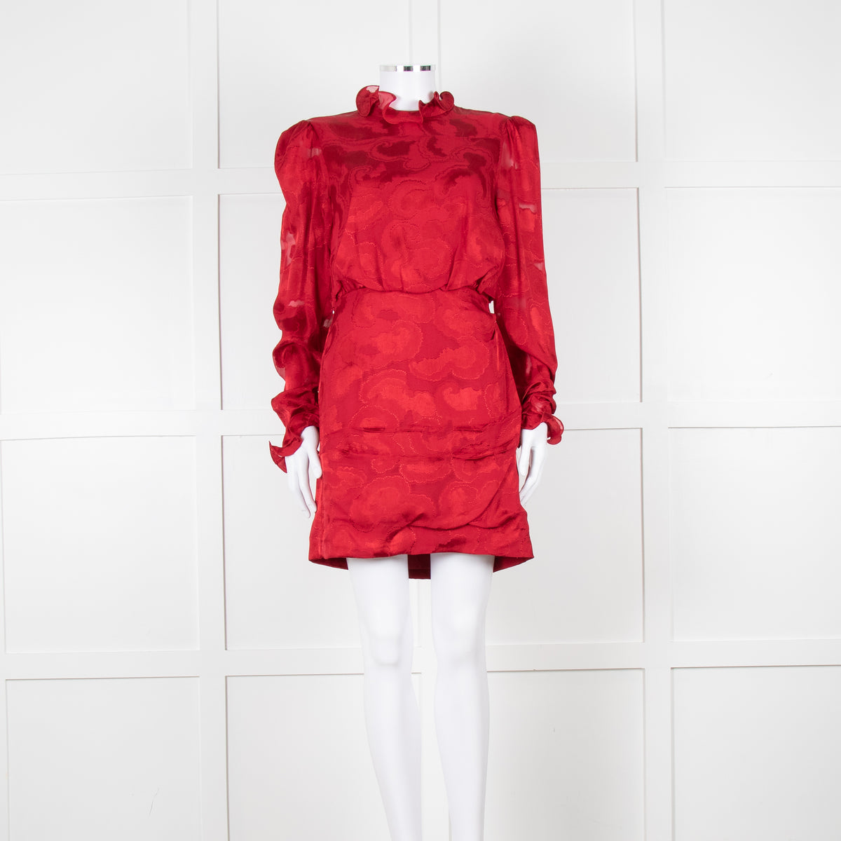 Saloni Red Devore Frill Trim Mini Dress