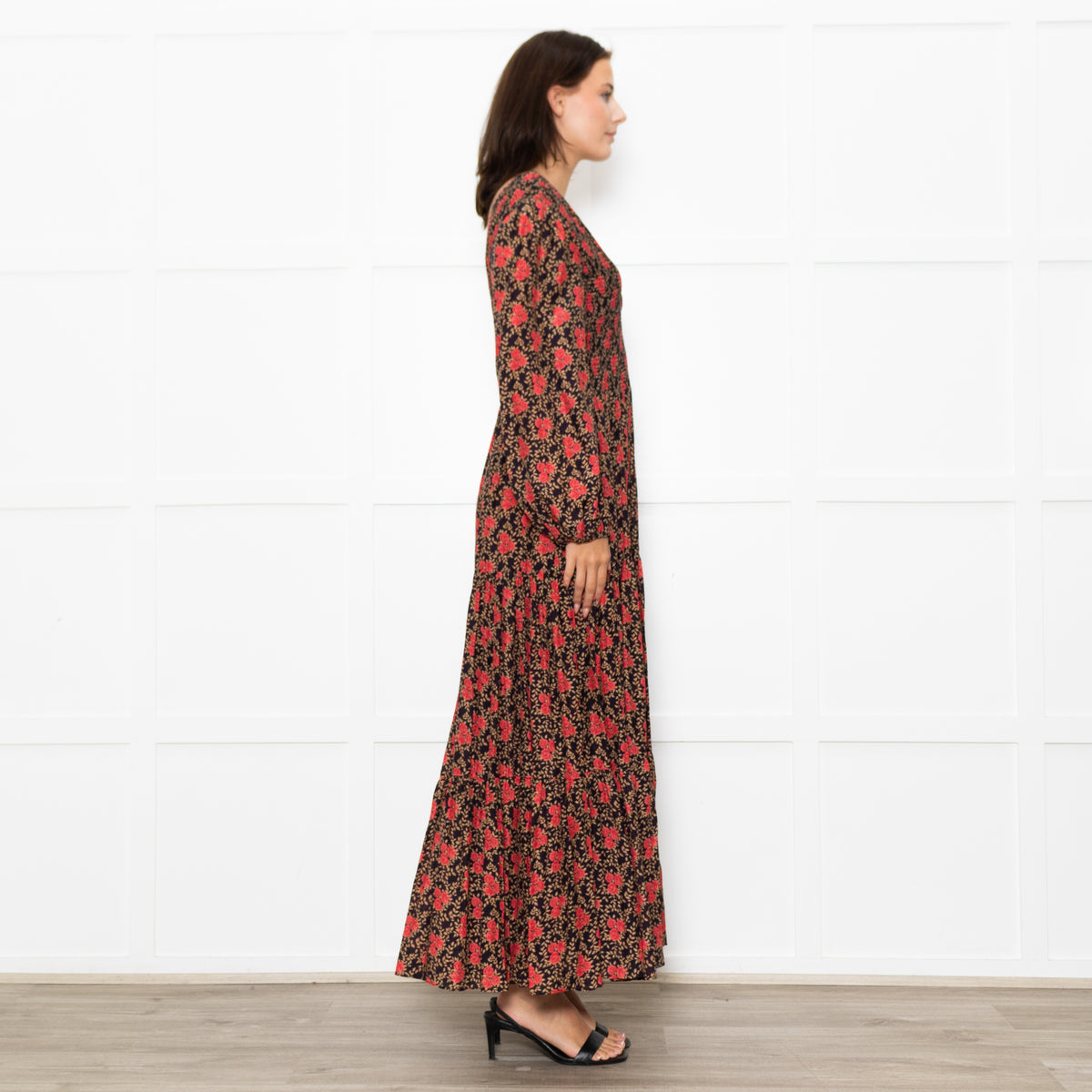 Rixo Black Coral Rose Khaki Leaf Print Sleeved Maxi Dress