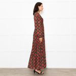 Rixo Black Coral Rose Khaki Leaf Print Sleeved Maxi Dress
