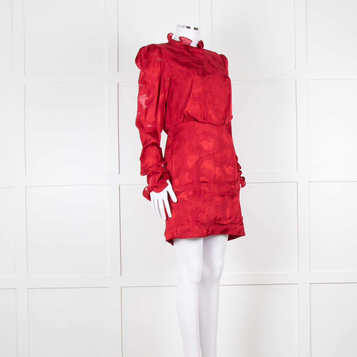 Saloni Red Devore Frill Trim Mini Dress