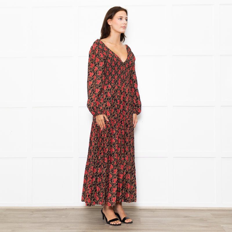Rixo Black Coral Rose Khaki Leaf Print Sleeved Maxi Dress