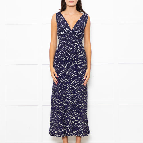 Rixo Navy Blue White Polka Dot Bias Cut Sleeveless Dress