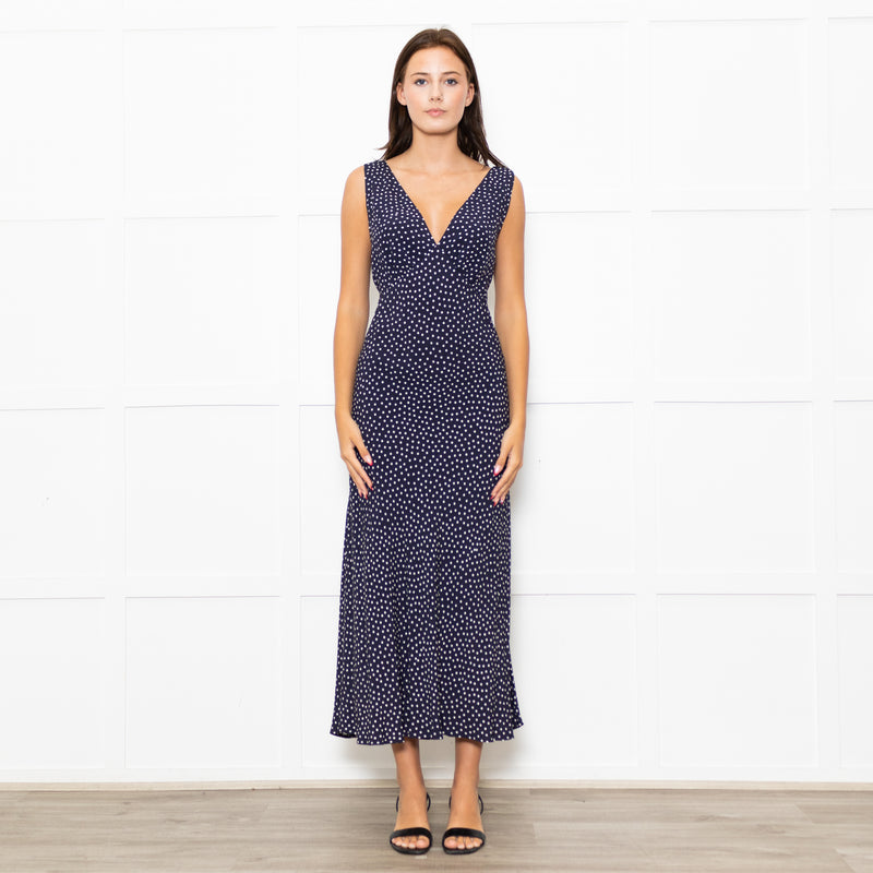 Rixo Navy Blue White Polka Dot Bias Cut Sleeveless Dress