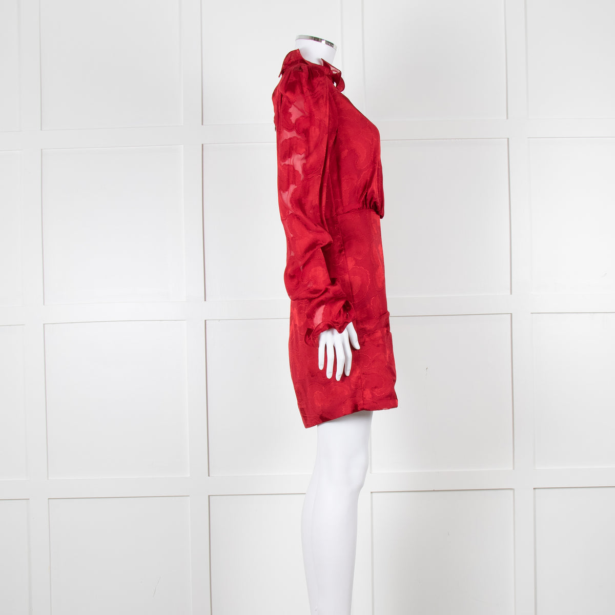 Saloni Red Devore Frill Trim Mini Dress