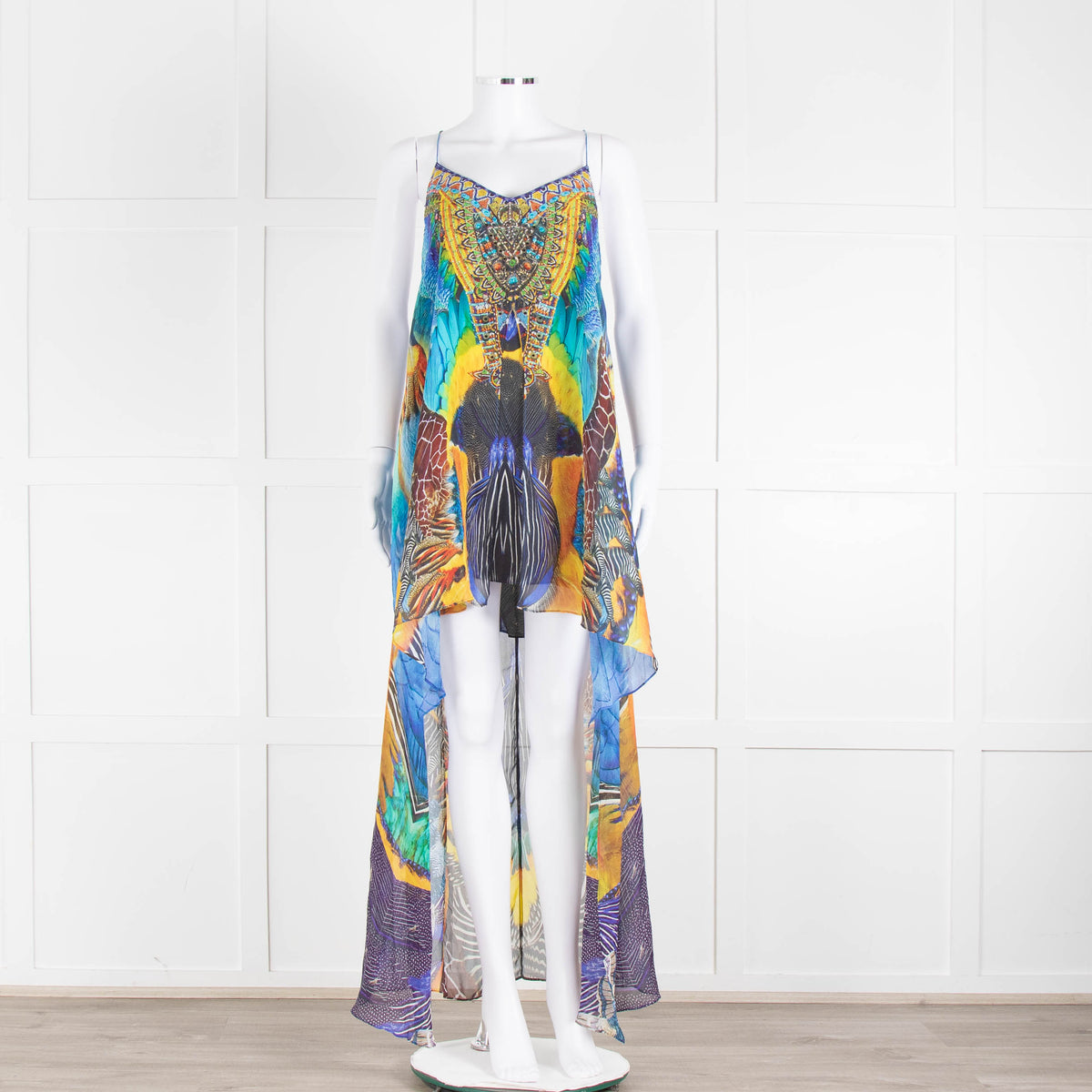 Camilla Blue and Yellow Jewelled Strappy Handkerchief Skirt Dress