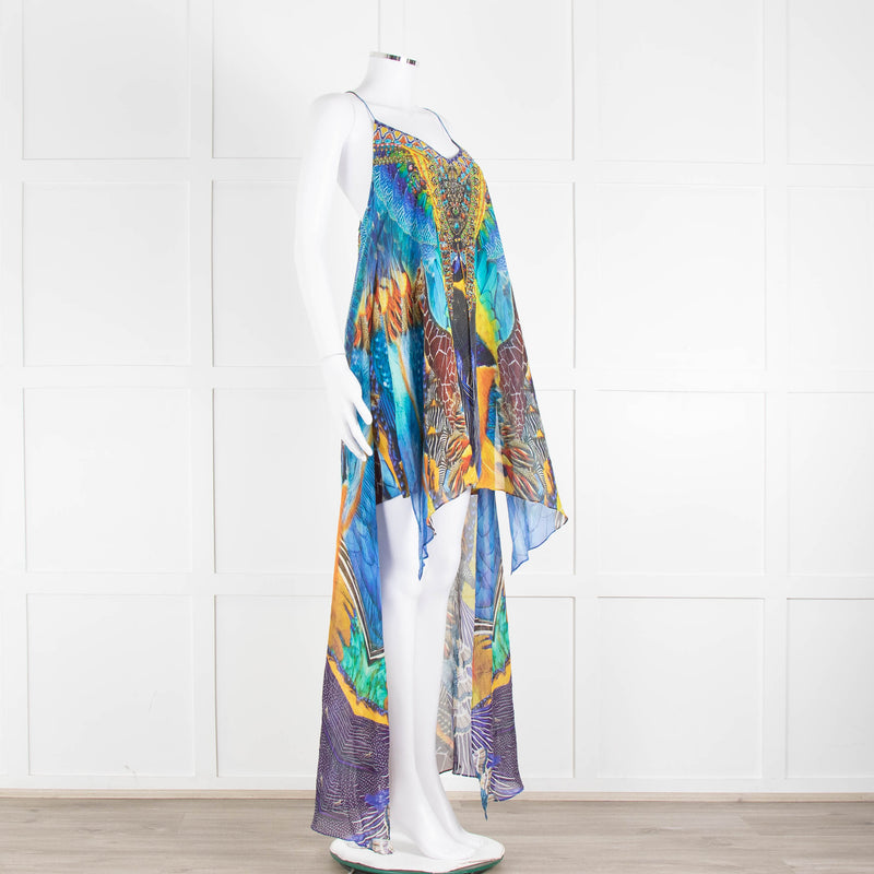 Camilla Blue and Yellow Jewelled Strappy Handkerchief Skirt Dress