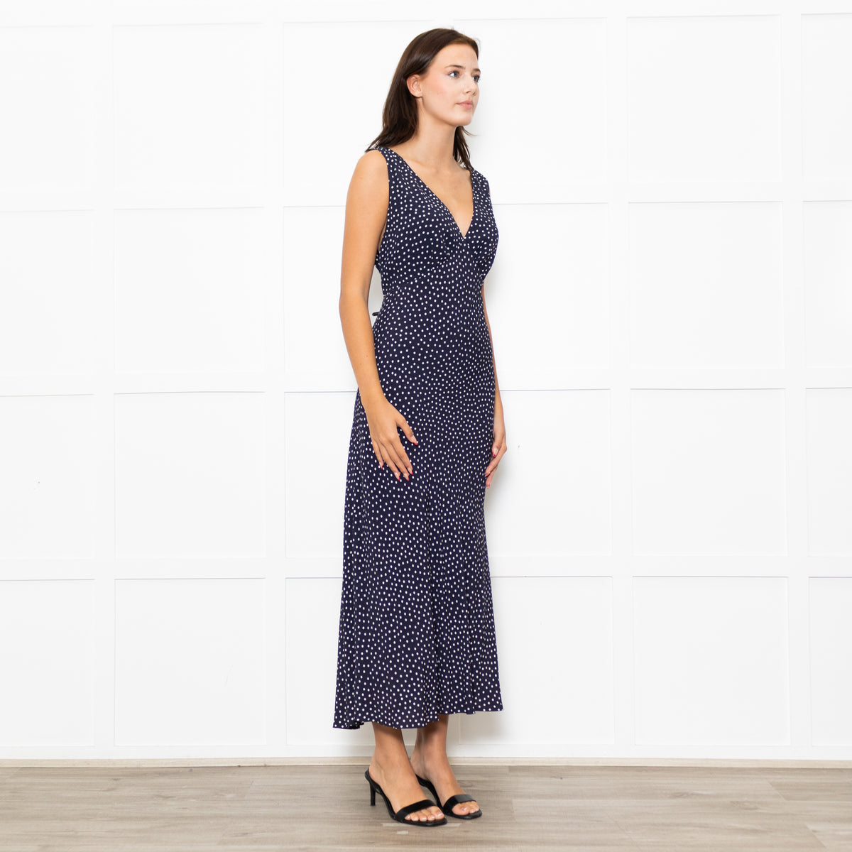Rixo Navy Blue White Polka Dot Bias Cut Sleeveless Dress