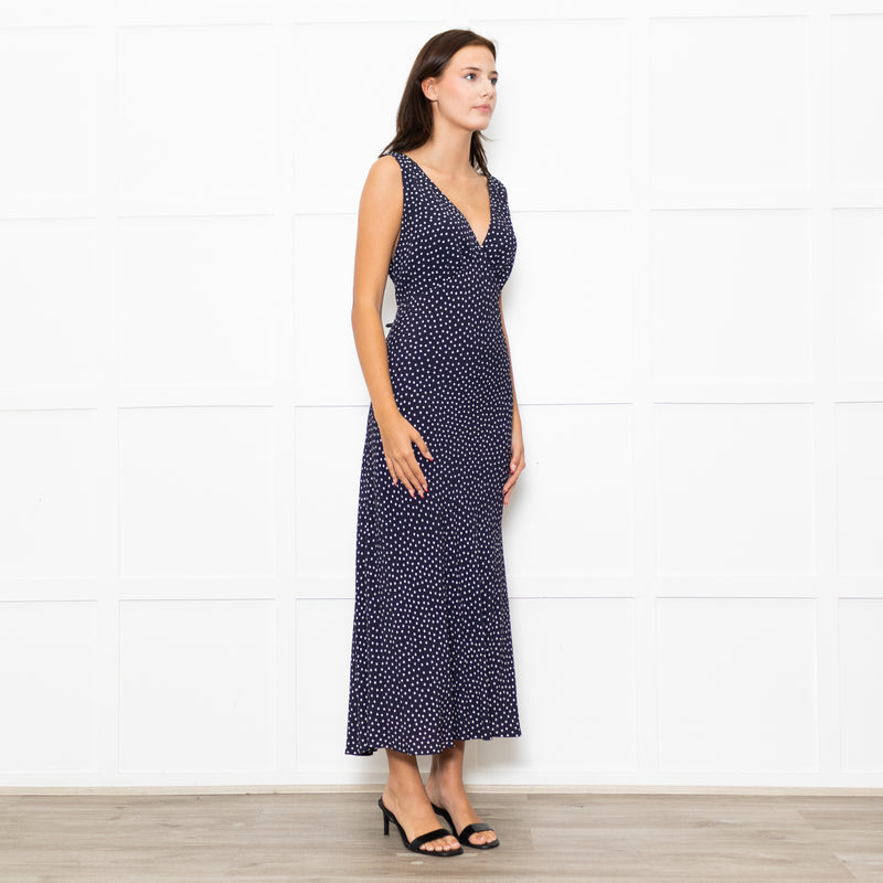 Rixo Navy Blue White Polka Dot Bias Cut Sleeveless Dress