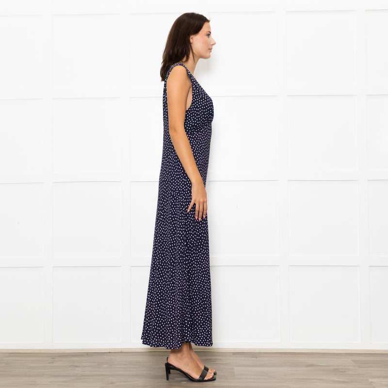 Rixo Navy Blue White Polka Dot Bias Cut Sleeveless Dress