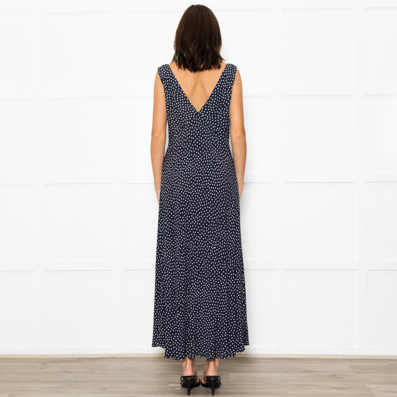 Rixo Navy Blue White Polka Dot Bias Cut Sleeveless Dress