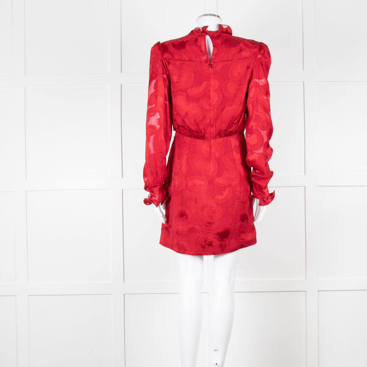 Saloni Red Devore Frill Trim Mini Dress