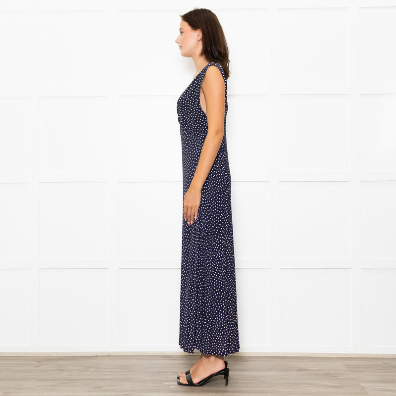 Rixo Navy Blue White Polka Dot Bias Cut Sleeveless Dress