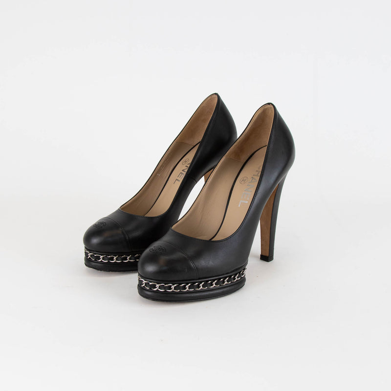 Chanel Black Chain Detail CC Cap Toe Platform Heeled Shoes