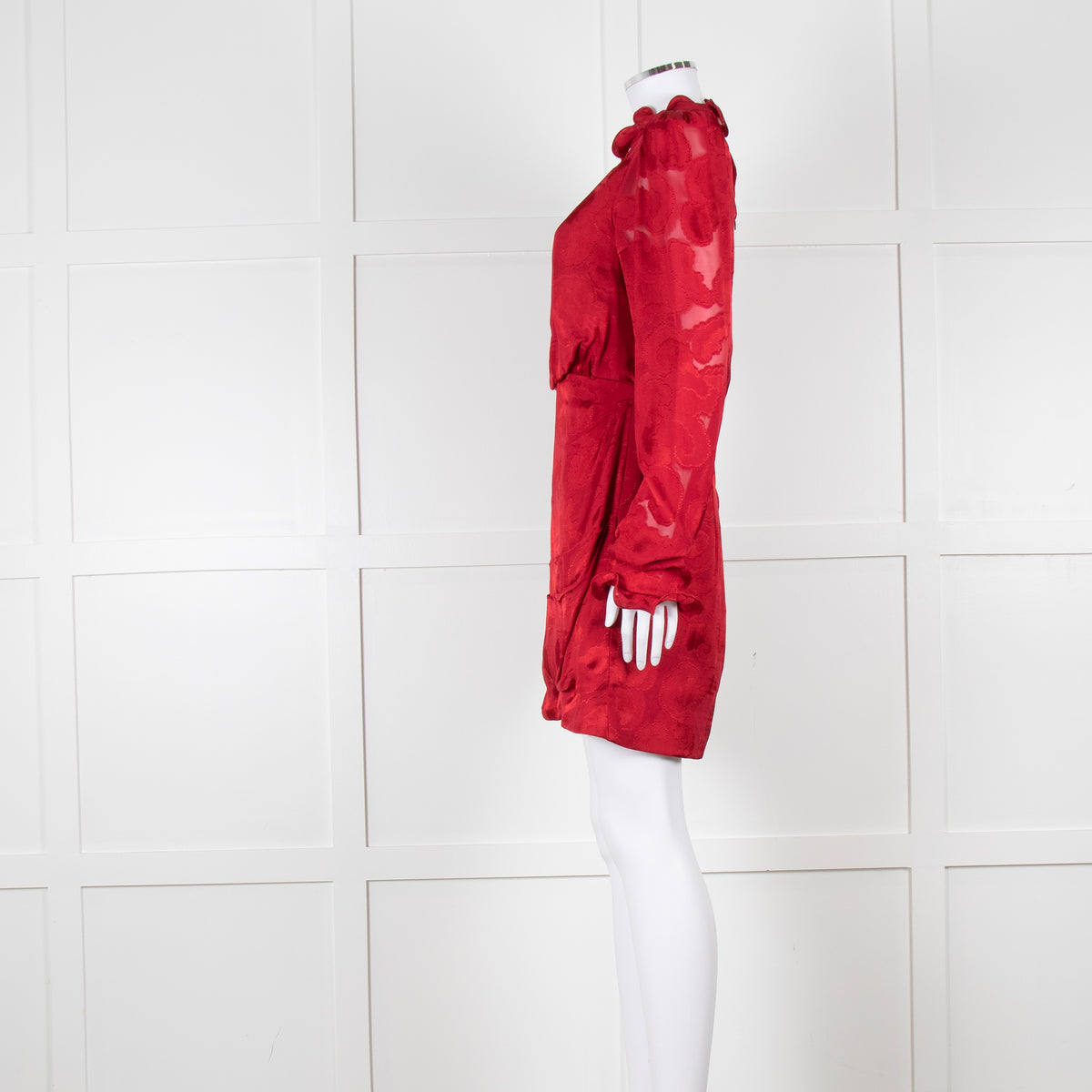 Saloni Red Devore Frill Trim Mini Dress