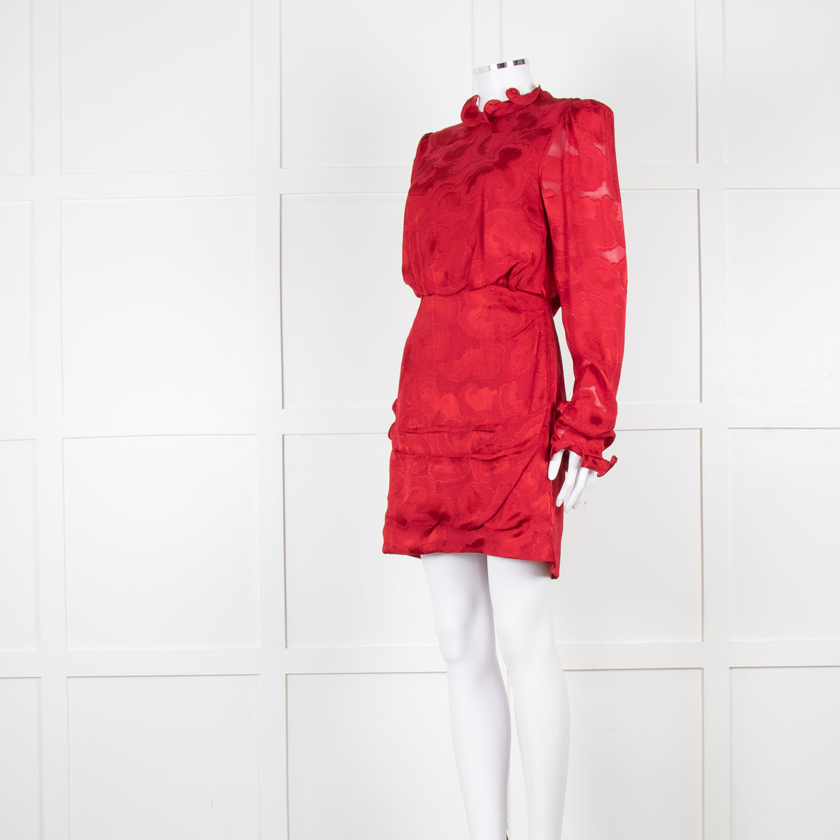 Saloni Red Devore Frill Trim Mini Dress