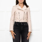 Maje Pale Pink Leather Cropped Biker Jacket