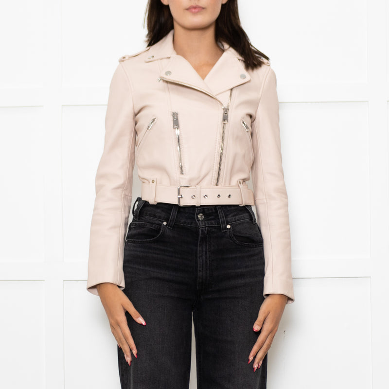 Maje Pale Pink Leather Cropped Biker Jacket