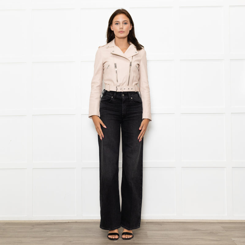 Maje Pale Pink Leather Cropped Biker Jacket