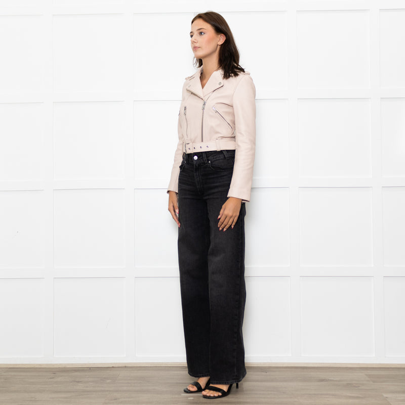Maje Pale Pink Leather Cropped Biker Jacket