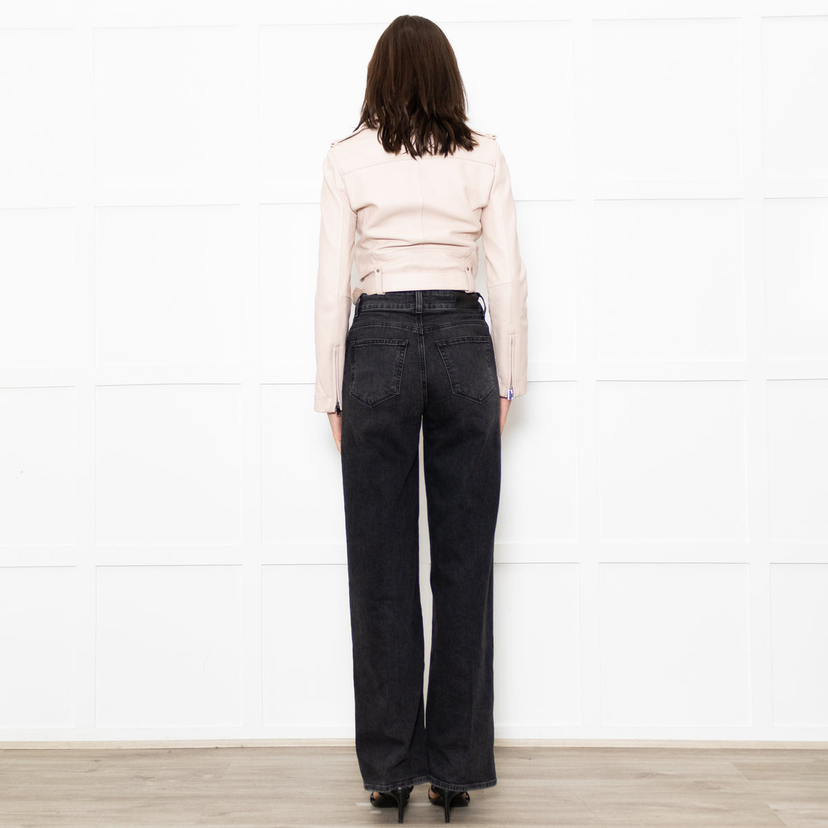 Maje Pale Pink Leather Cropped Biker Jacket