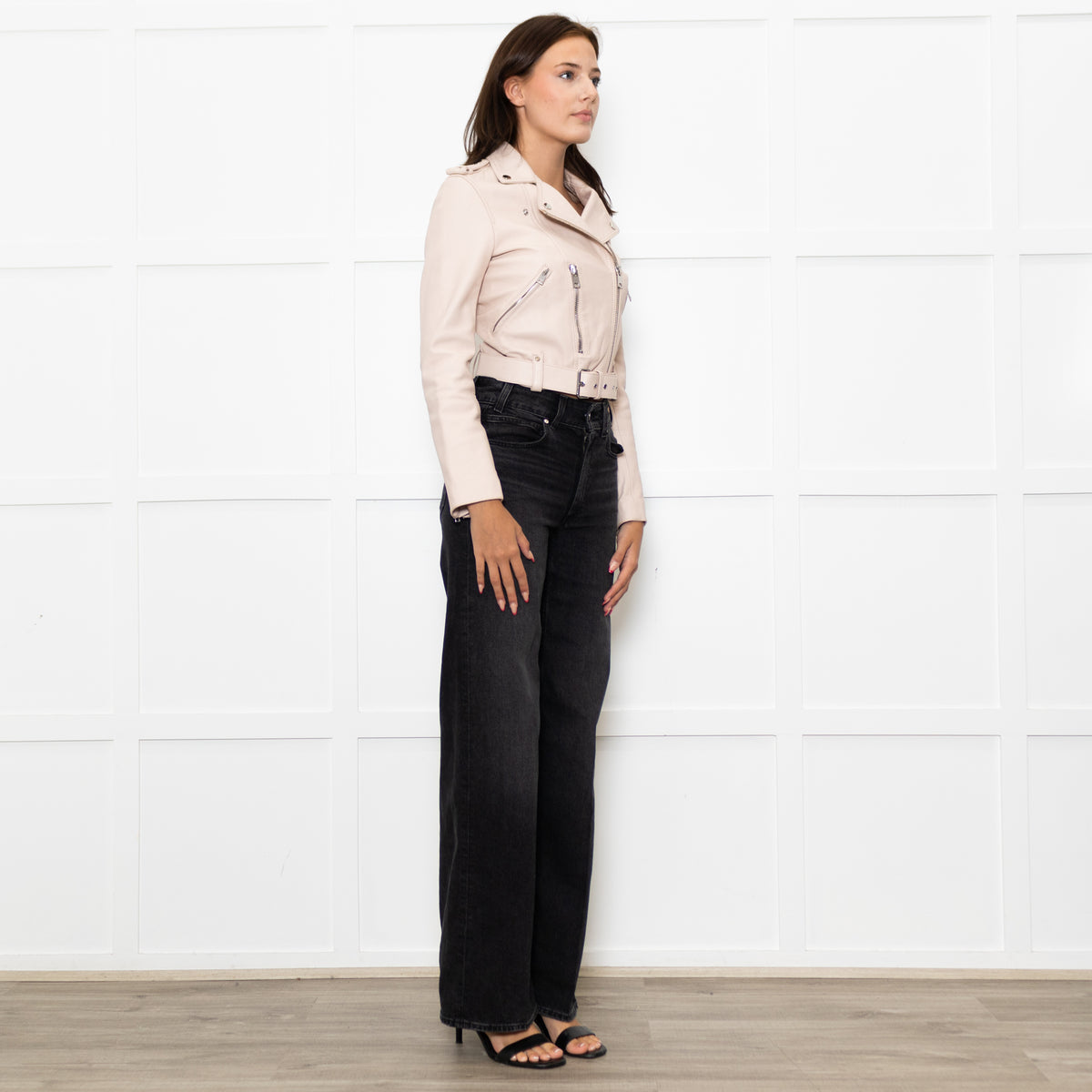Maje Pale Pink Leather Cropped Biker Jacket