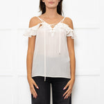 The Kooples Cream Silk Strappy Laced V  Neck Top
