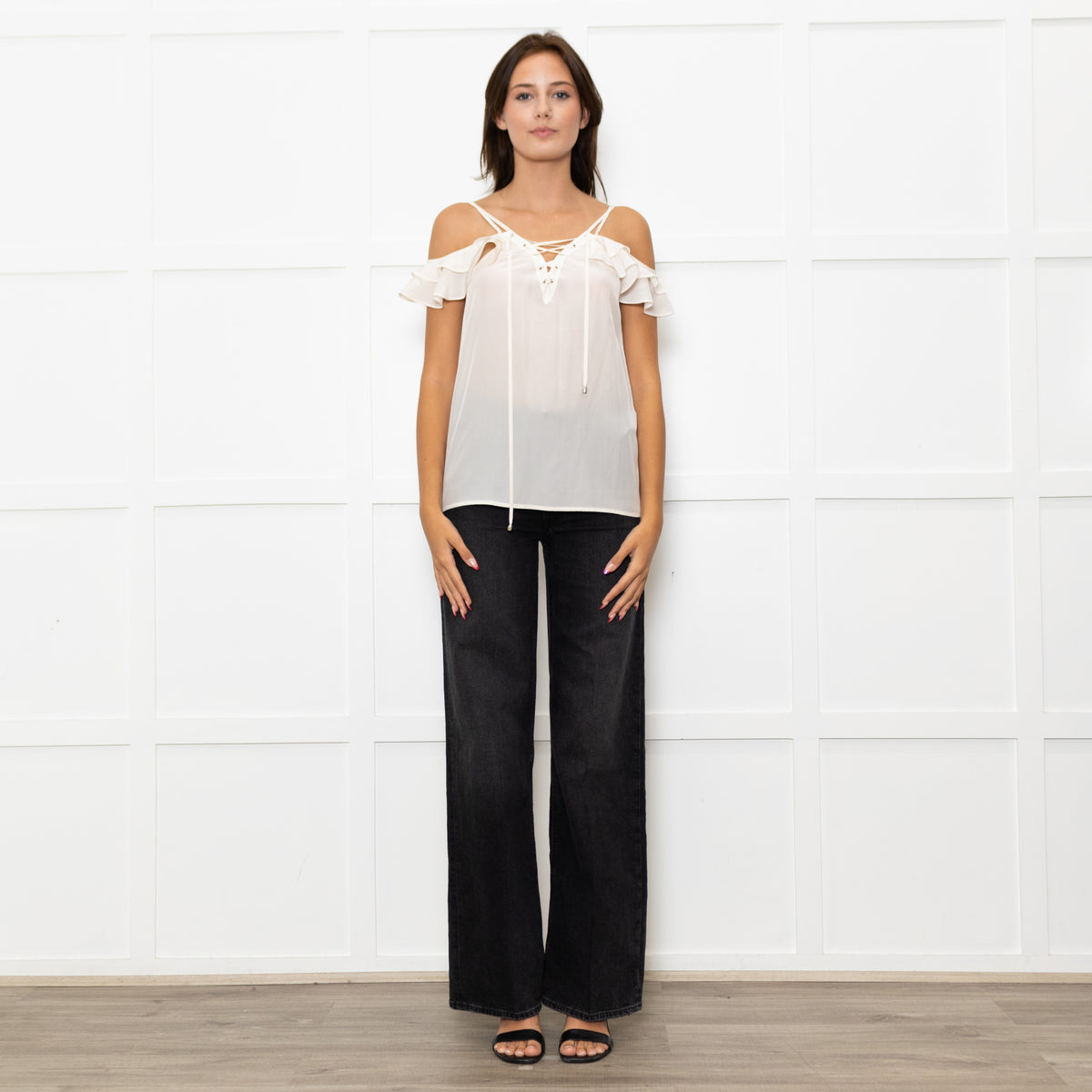 The Kooples Cream Silk Strappy Laced V  Neck Top