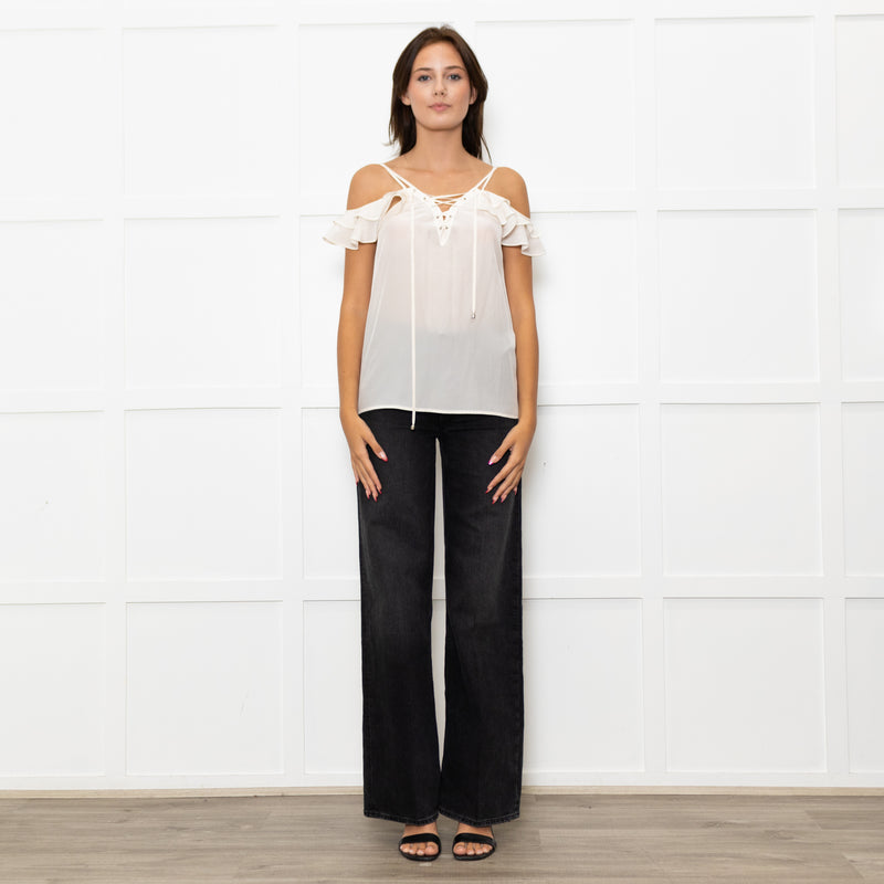 The Kooples Cream Silk Strappy Laced V  Neck Top