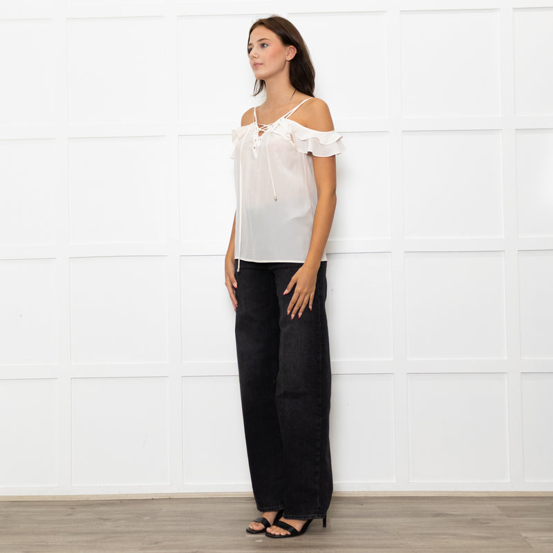 The Kooples Cream Silk Strappy Laced V  Neck Top