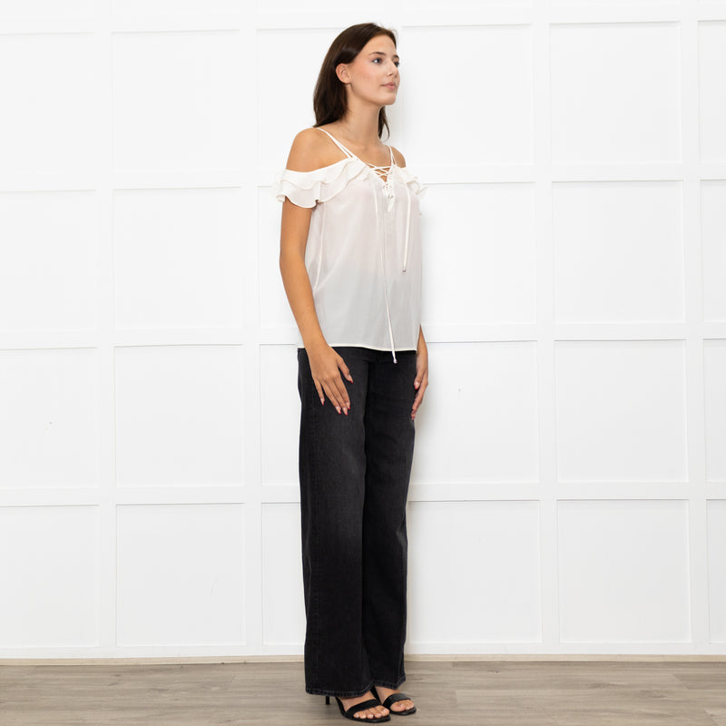 The Kooples Cream Silk Strappy Laced V  Neck Top