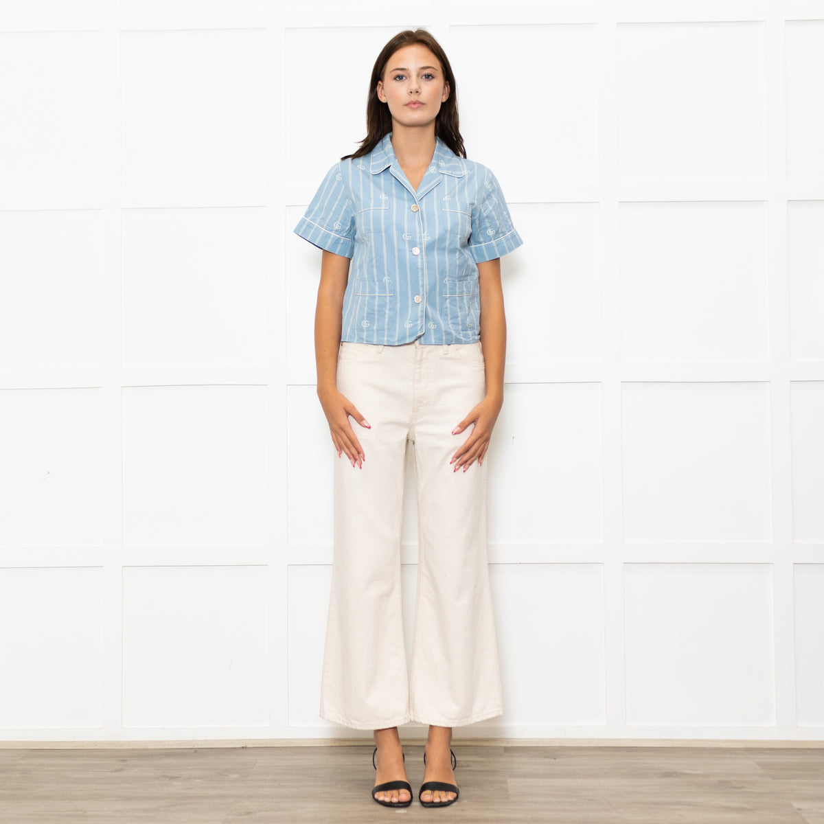 Gucci Pale Blue White GG Front Pockets Collard Shirt