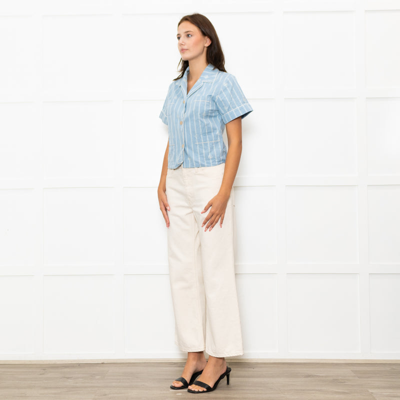 Gucci Pale Blue White GG Front Pockets Collard Shirt