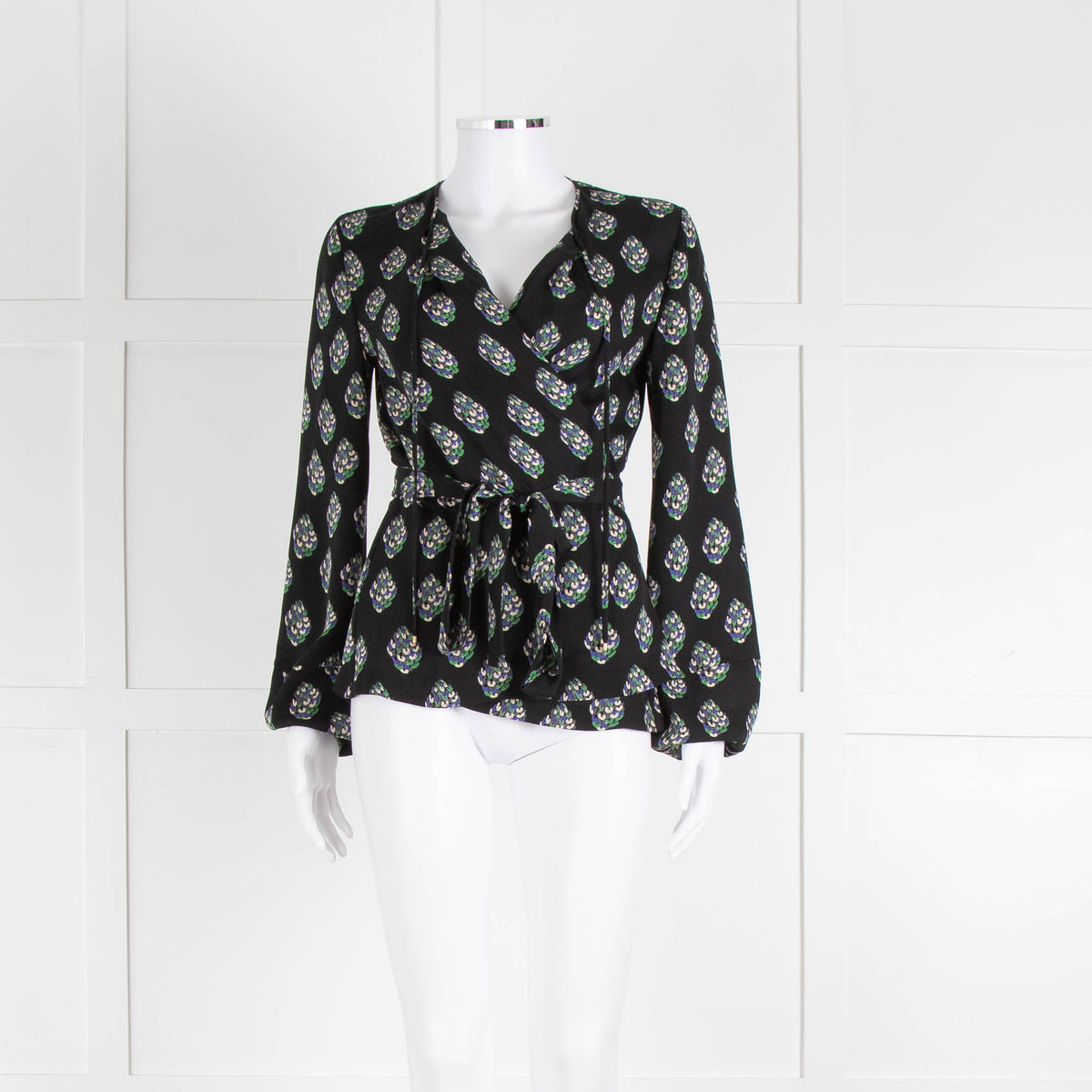 Diane Von Furstenberg Black Purple Cream Silk Print Wrap Top
