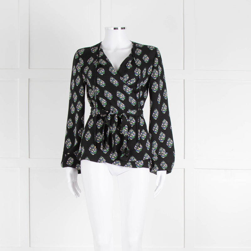 Diane Von Furstenberg Black Purple Cream Silk Print Wrap Top