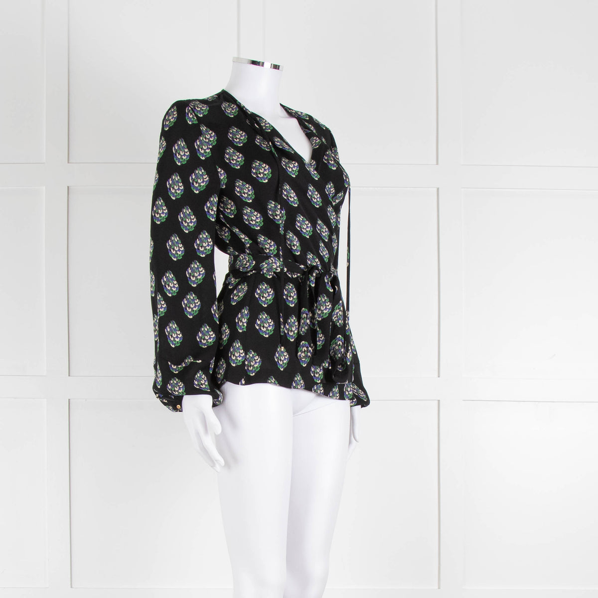 Diane Von Furstenberg Black Purple Cream Silk Print Wrap Top
