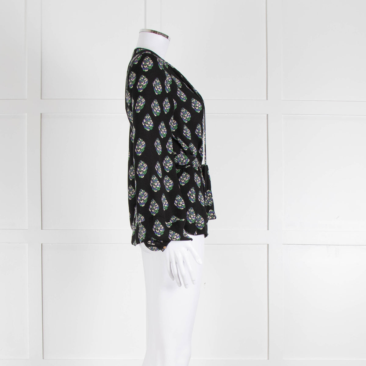 Diane Von Furstenberg Black Purple Cream Silk Print Wrap Top