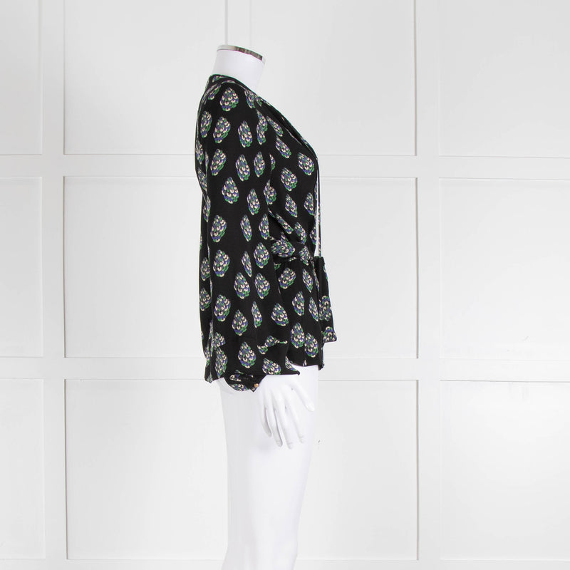 Diane Von Furstenberg Black Purple Cream Silk Print Wrap Top