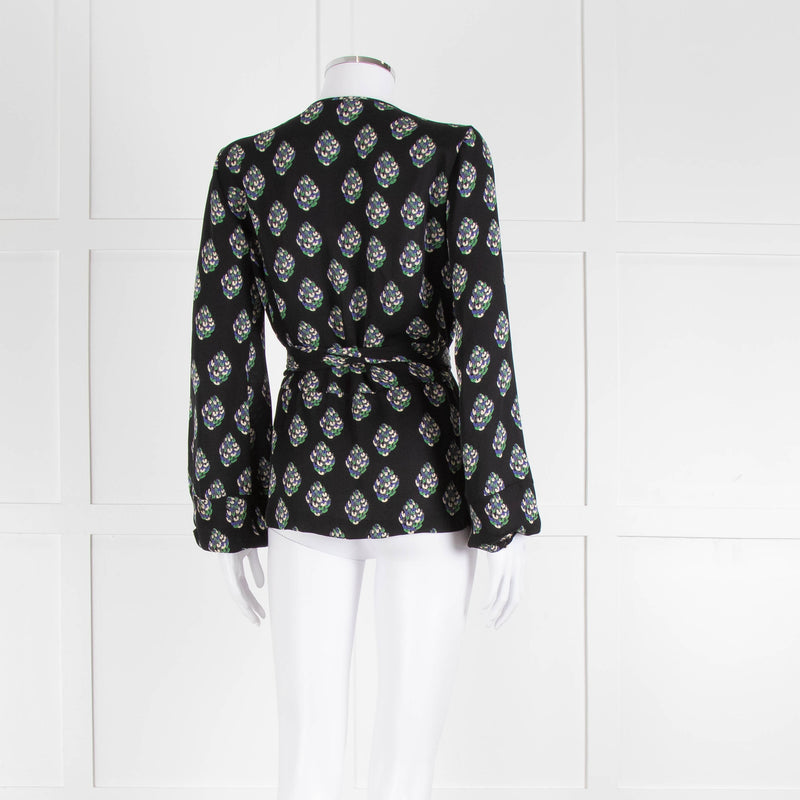 Diane Von Furstenberg Black Purple Cream Silk Print Wrap Top